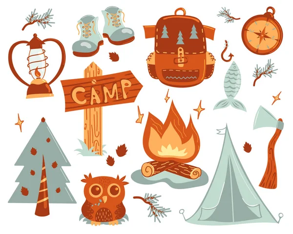 Hand Drawn Camping Set Vector Illustration Flat Doodle Style Tourist — 图库矢量图片