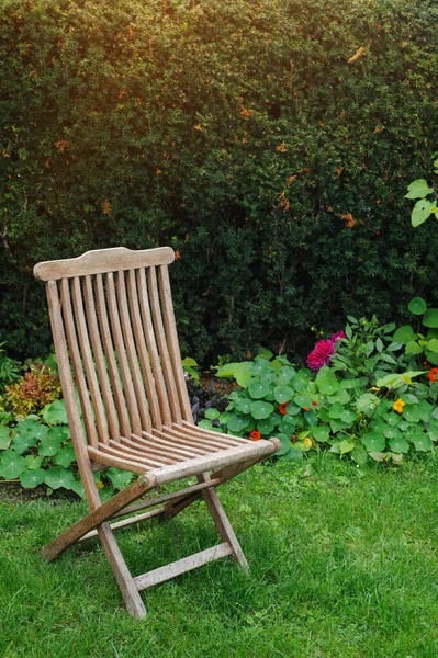 Vintage Drewniane Krzesło Zielonym Ogrodzie Wiejskim Krajobraz Rustykalny Przestrzenią Kopiowania — Zdjęcie stockowe