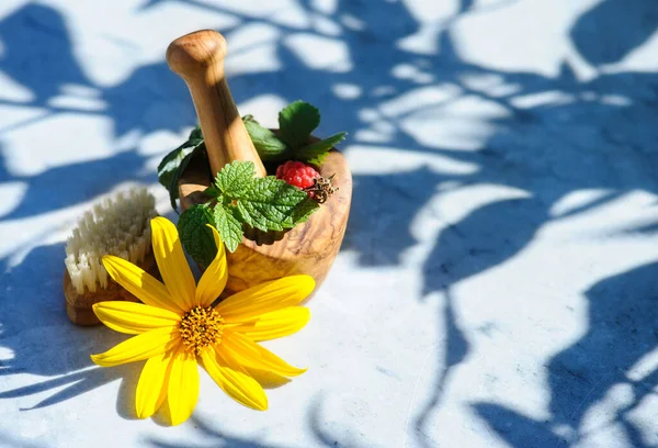 Speziale Fresco Erbe Aromatiche Biologiche Frutti Bosco Malta Legno Con — Foto Stock