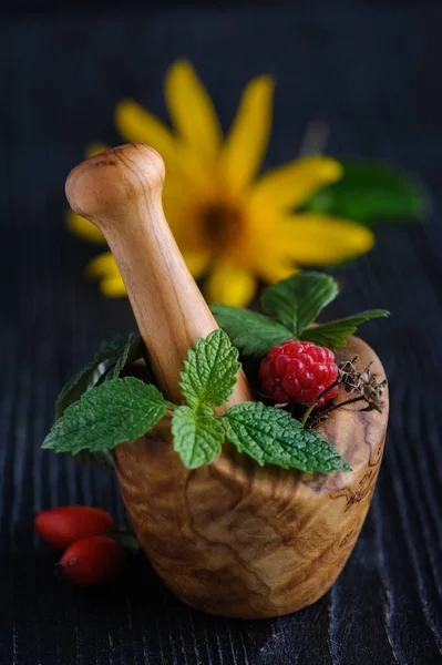 Frische Aromatische Kräuter Und Beeren Aus Der Apotheke Holzmörtel Mit — Stockfoto