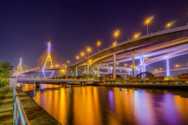 Night Scenic Light Highway Bridge River — Stock Photo, Image