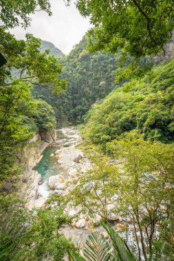 Beautiful natural scenic of river inside the valley with green forest covered. (Shakadang river and trail at Taroko, Hualien, Taiwan.)