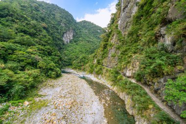 Vadinin içindeki nehrin güzel doğal manzarası. Yeşil orman kaplı ve tepenin içinde bir patika var. (Shakadang Nehri ve Taroko 'daki patika, Hualien, Tayvan.)