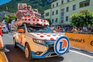 Aigle, Valais Canton, Switzerland -10.07.2022: Passage of an advertising car of E.Leclerc  in the caravan of the Tour of France in Switzerland.