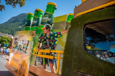 Aigle, Valais Canton, Switzerland -10.07.2022: Passage of an advertising car of Tourtel Twist in the famous caravan of the Tour de France in Switzerland.