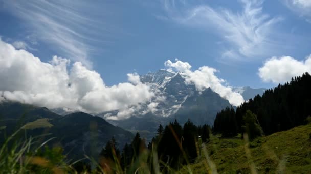 Landscape Mountains Sky Time Lapse Famous Mountain Jungfrau Covered Glacier — Video Stock