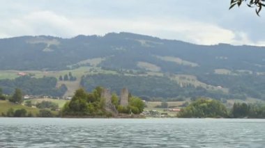 Ruins of Pont-en-Ogoz Castle and Fortress. Time lapse of le d'Ogoz. Travel in switzerland. Island of Ogoz in summer. Heritage site.