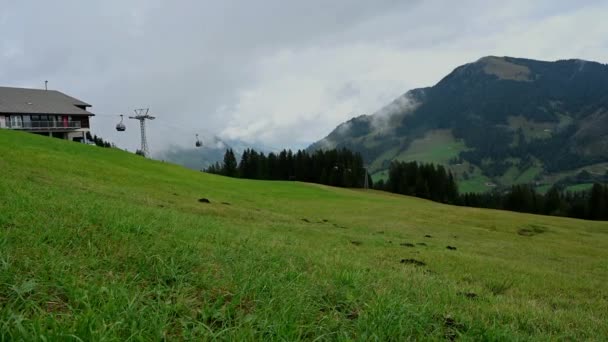 Real Time Overhead Cable Cars Rossweid Station Landscape Mountain Forest — Stockvideo