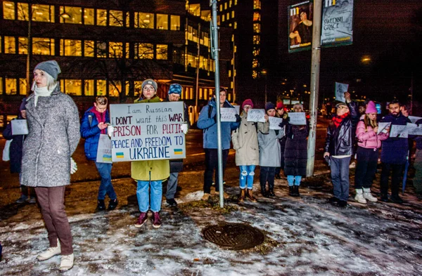 Протести Російському Посольстві Стокгольмі Швеція Через Вторгнення Росії Україну Кінці Стокова Картинка