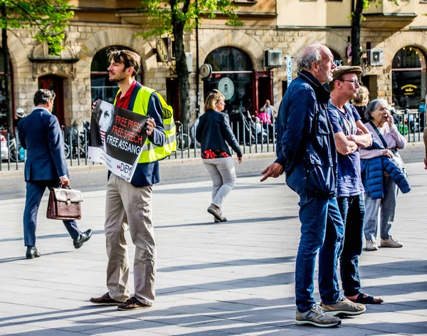 Manifestación Estocolmo Suecia Para Apoyar Periodista Julian Assange Que Está — Foto de Stock