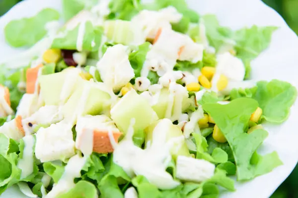Salada Legumes Frescos Misturados Prato Branco Placa Madeira — Fotografia de Stock
