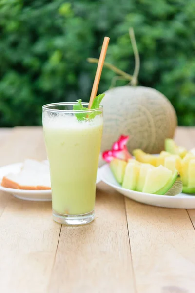 Milk Melon Smoothie Glass Roast Bread — Stock Photo, Image