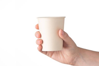 Dişi maymun elinde geri dönüşümlü karton bir kap tutuyor.