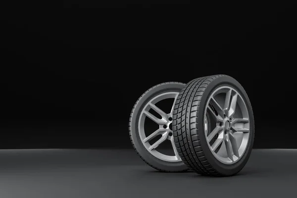 Siyah arka planda dört araba lastiği var ve mavi ve kırmızı ışıklarla desenli. 3d illüstrasyon