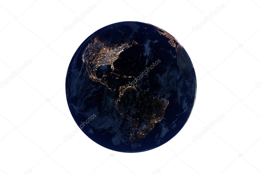 isolated earth night lights on white background. 3D Render