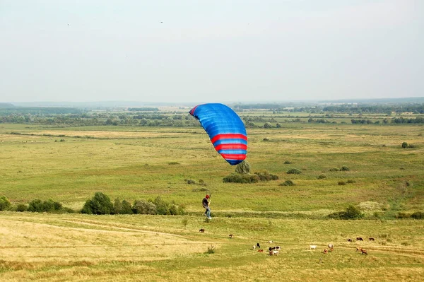 Paraglider Man Flying Field Summer — Stock Photo, Image