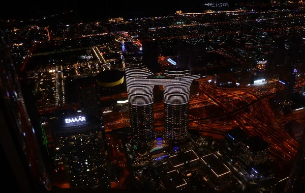 Paisaje Urbano Nocturno Iluminado Dubai Desde Altura Torre Burj Khalifa —  Fotos de Stock