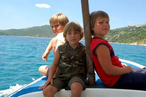 Children Boys Brothers Together Boat Sea — Photo