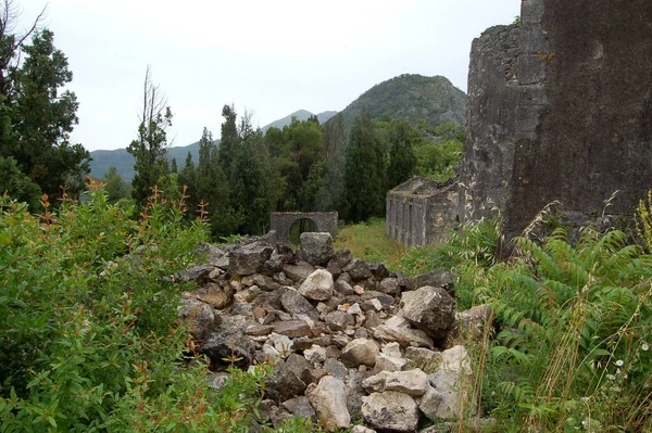 Paisaje Con Las Ruinas Antiguo Edificio Bosque Las Montañas — Foto de Stock