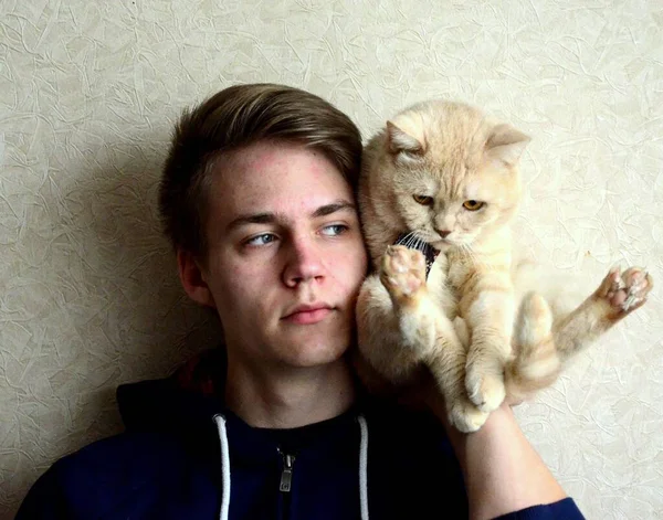 Retrato Menino Adolescente Com Gato — Fotografia de Stock