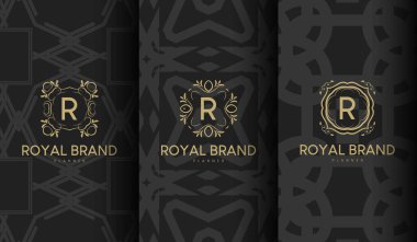 Logo ve Arkaplanlı Lüks Şablon. Duvar kağıdı, kart, davetiye, baskı sanatı, marka kimliği için uygun klasik kavram.