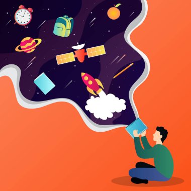 Okul geçmişine tekrar hoş geldin. Eğitici illüstrasyon için renkli komik karikatürlerle modern arka plan. vektör