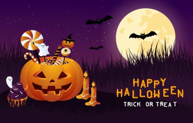 Cadılar bayramın kutlu olsun. Cadılar Bayramı partisi ya da bayrak davetiyesi, yarasalar, şekerler ve balkabaklarıyla. Korkunç bir illüstrasyon. Vektör