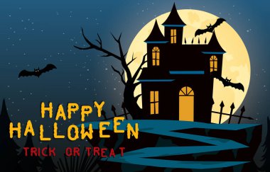 Cadılar bayramın kutlu olsun. Cadılar Bayramı partisi ya da kaleli pankart davetiyesi, yarasalar. Korkunç bir illüstrasyon. Vektör