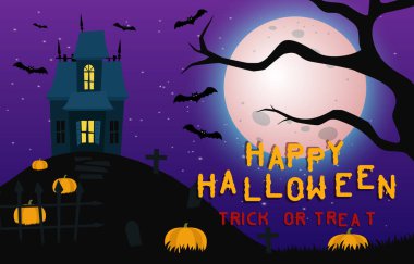 Cadılar bayramın kutlu olsun. Cadılar Bayramı partisi ya da kaleli, yarasalı ve balkabaklı pankart davetiyesi. Korkunç bir illüstrasyon. Vektör