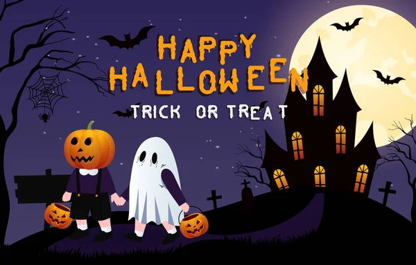 Cadılar bayramın kutlu olsun. Cadılar Bayramı partisi ya da kaleli, yarasalı, cadılı ve çocuklu afiş davetiyesi. Korkunç bir illüstrasyon. Vektör