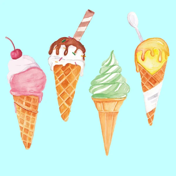 Ice Cream Watercolor Dessert Background — Stock Vector