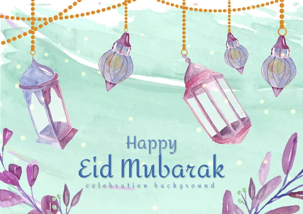 Glad Eid Mubarak Med Lykta Och Moské Akvarell Koncept — Stock vektor