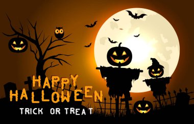 Cadılar bayramın kutlu olsun. Cadılar Bayramı partisi ya da korkuluk ve mezarlı pankart davetiyesi. Korku çizimi. Vektör