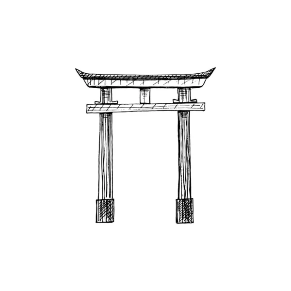 Traditionelles Japanisches Torii Tor Vintage Vektor Schraffur Schwarze Illustration Vereinzelt — Stockvektor