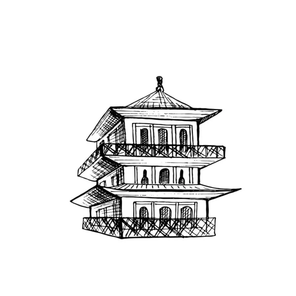 パゴダ日本の寺院 ヴィンテージベクトルハッチングブラックイラスト 白い背景に隔離されている 手描きデザインインク — ストックベクタ