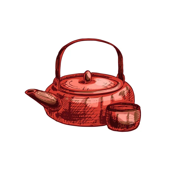 亚洲陶瓷茶壶和茶杯 古埃及矢量孵化彩色插图 被白色背景隔离 手绘设计油墨 — 图库矢量图片