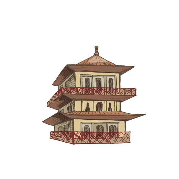 Pagode Temple Japonais Illustration Vectorielle Vintage Couleur Hachures Isolé Sur — Image vectorielle
