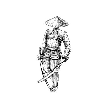İki kılıçlı Japon samuray. Siyah illüstrasyon üreten vintage vektör.