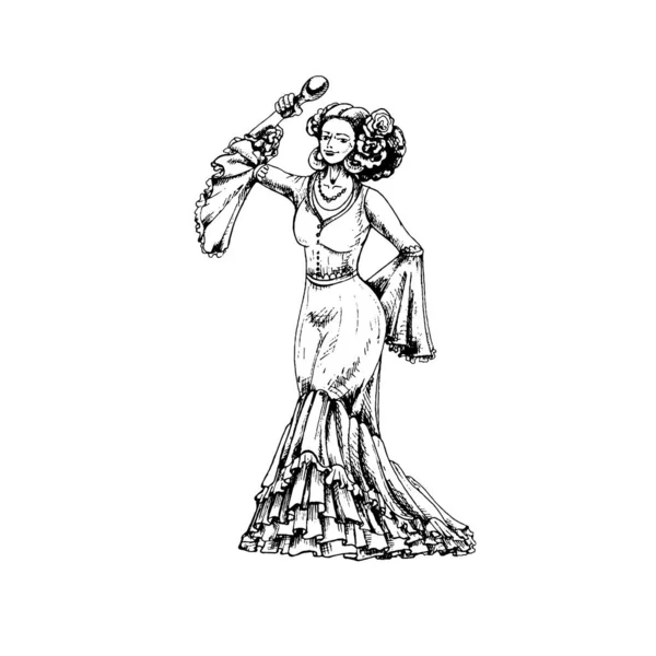 Жінка танцює з маракасом. Вона одягнена в мексиканський національний одяг. Урожай гравірування — стоковий вектор