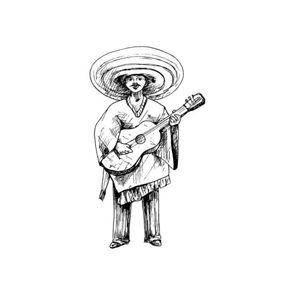 Mann im Poncho, Sombrero auf der Gitarre. Vintage-Schlüpfen — Stockvektor