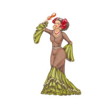 Marakas 'la dans eden kadın. O, Meksika ulusal giysileri giydi. Vintage oymacılığı