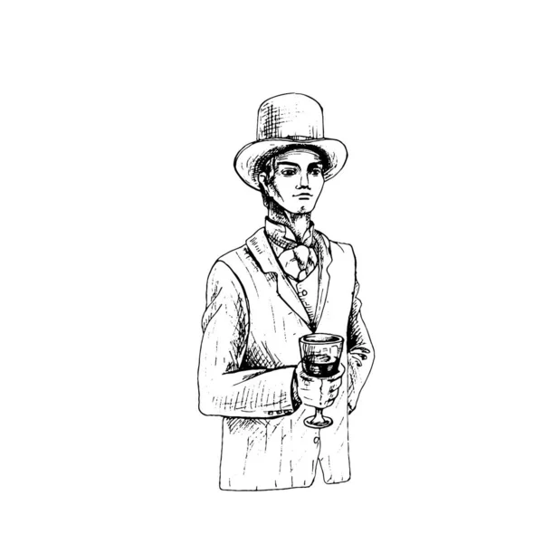 Κύριος που κρατάει γυάλινο κρασί. Vintage απεικόνιση επώασης. Απομονωμένα σε λευκό — Διανυσματικό Αρχείο