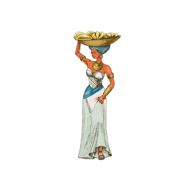 Африканка носить з собою кошик з свіжими гілками банана на голові. Виноградний вектор. — стоковий вектор