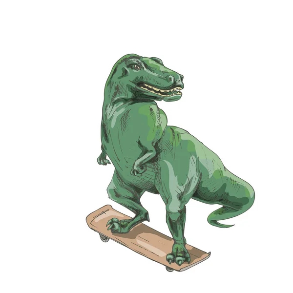 恐竜はスケートボードに乗る。エングレービングカラーヴィンテージ — ストックベクタ