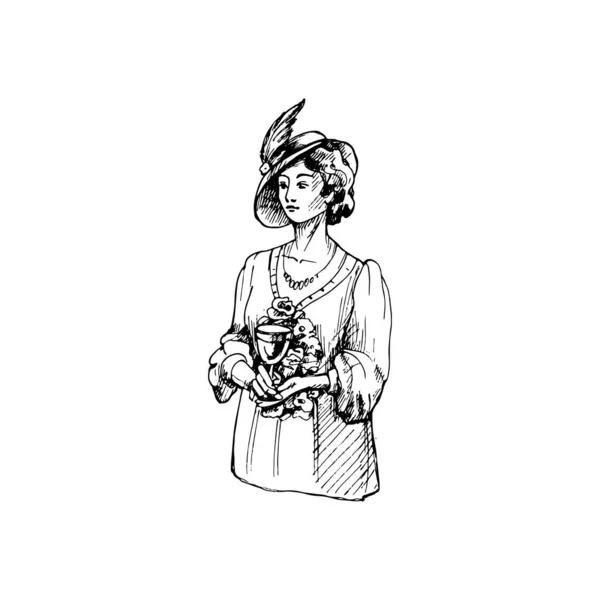 Μια αριστοκράτισσα που κρατάει γυάλινο κρασί. Vintage απεικόνιση επώασης. Απομονωμένα σε λευκό — Διανυσματικό Αρχείο