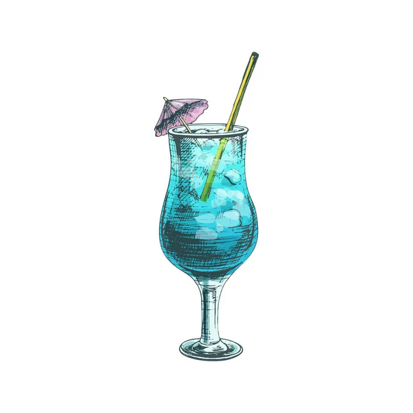 Blue lagoon cocktail with straw, umbrella and ice cube. Vintage hatching vector — Stock Vector