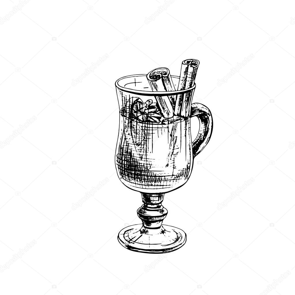 Mulled wine glass with ingredients. Vintage hatching vector black illustration