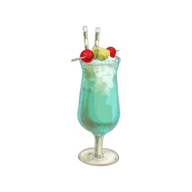 Blue hawaii cocktail with cherry and pineapple in highball glass.