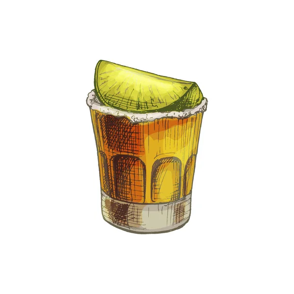 Tequila de vidrio con rodajas de lima. Vector de eclosión vintage — Vector de stock