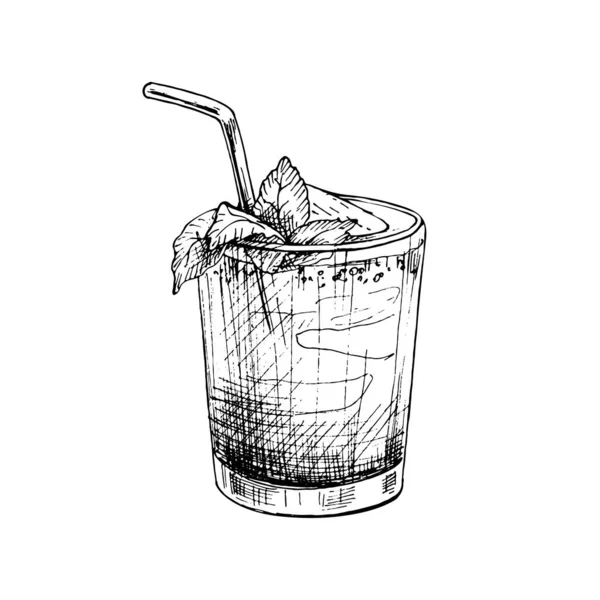 Mojito cocktail with straw, slice strawberry and mint leaf. Vintage hatching
